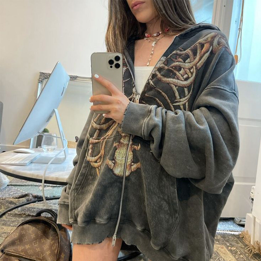 Vintage Street Skeleton Graphic Zipper Hoodie