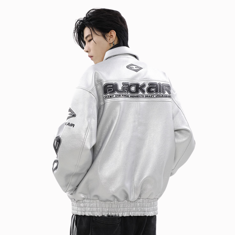 Trendy Embroidered Lychee Leather Jacket