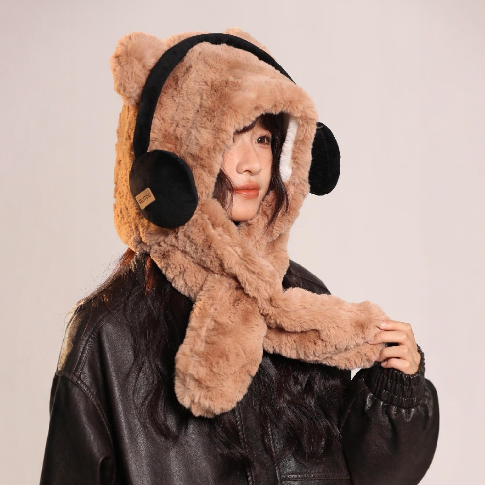 Headphones Bear Scarf Plush Hat