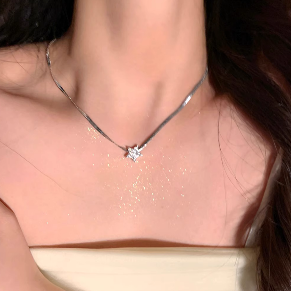 Sparkling Diamond Pentagram Snake Bone Necklace