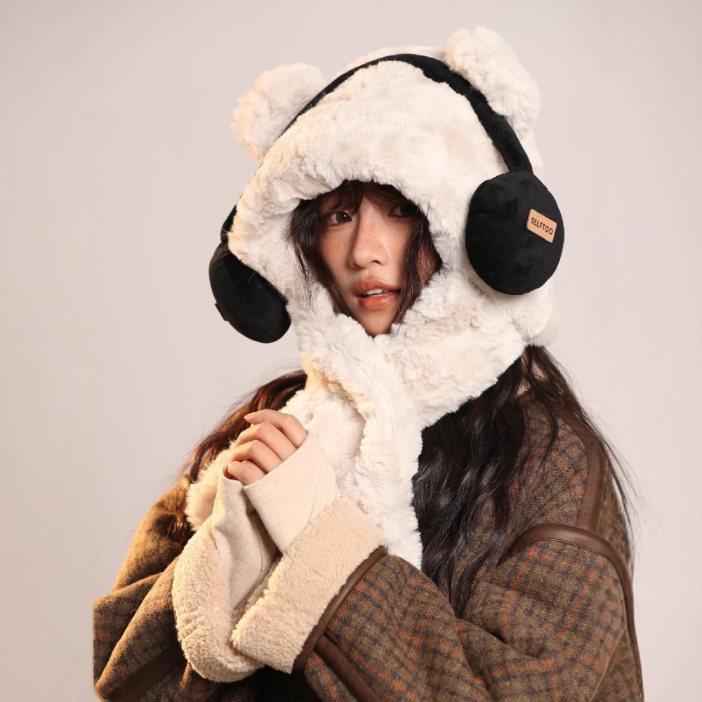 Headphones Bear Scarf Plush Hat