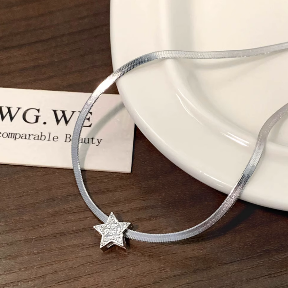 Sparkling Diamond Pentagram Snake Bone Necklace