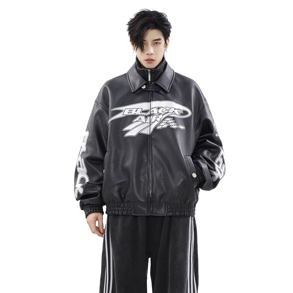 Trendy Embroidered Lychee Leather Jacket