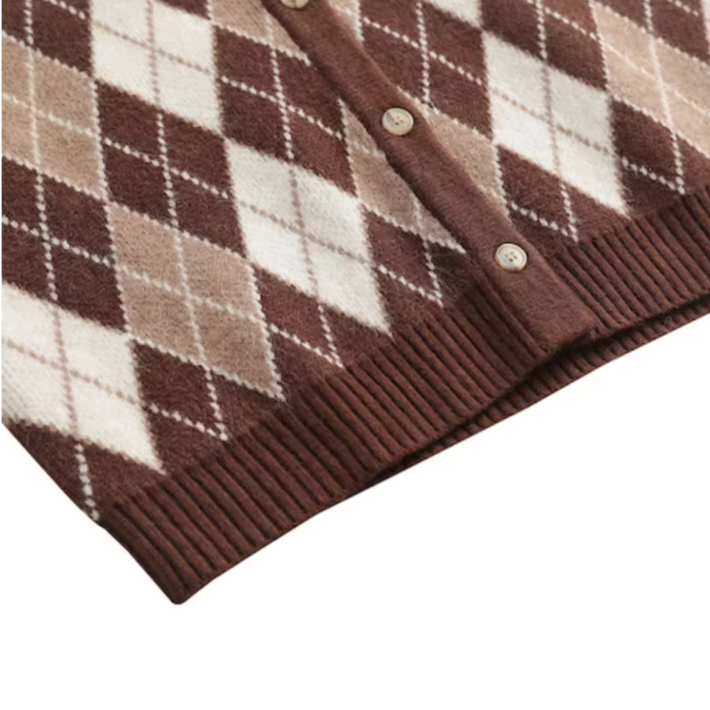 Vintage Diamond Check Cardigan Knitted Vest