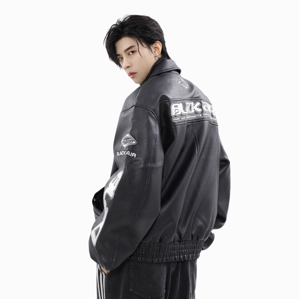 Trendy Embroidered Lychee Leather Jacket