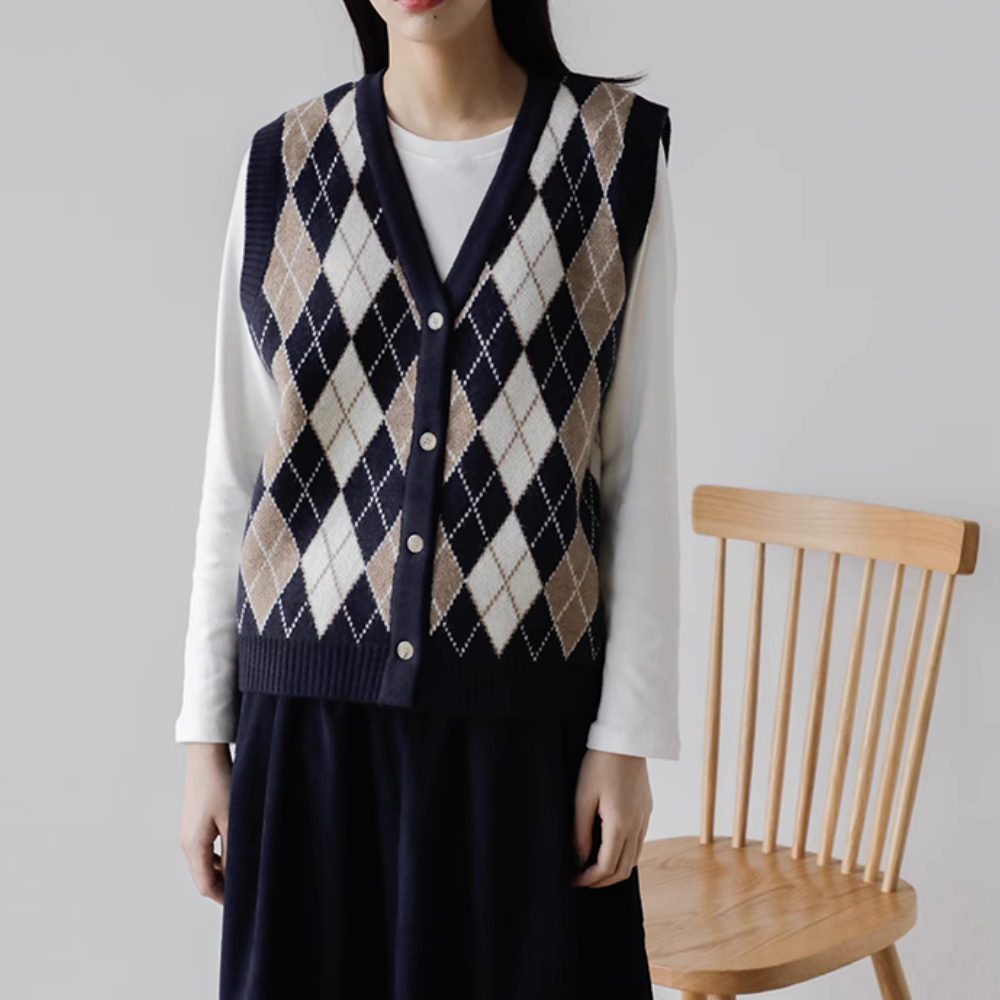 Vintage Diamond Check Cardigan Knitted Vest