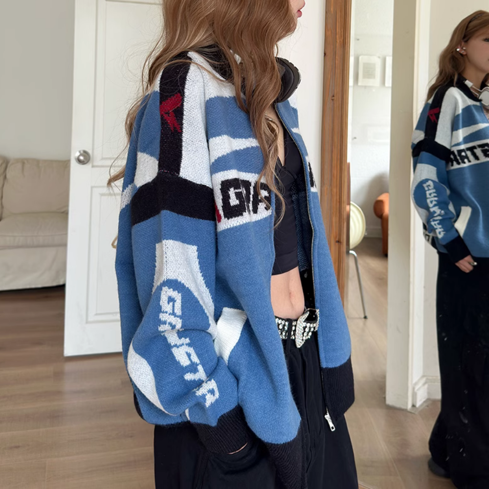 Motorcycle Patchwork Cardigan Sweater