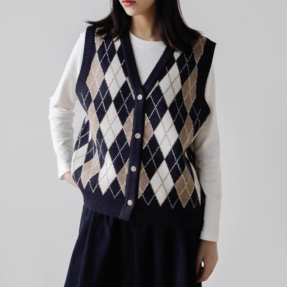 Vintage Diamond Check Cardigan Knitted Vest