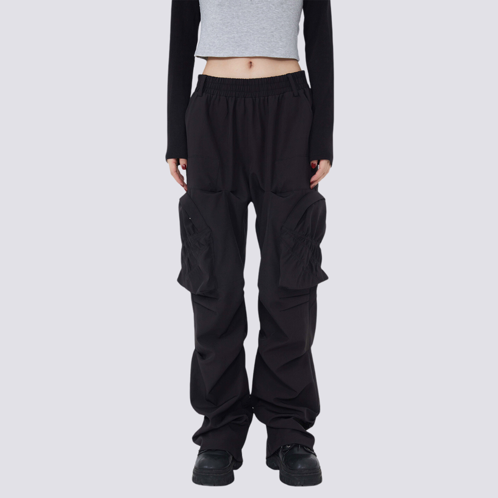Street Solid Color Pleated Cargo Pants