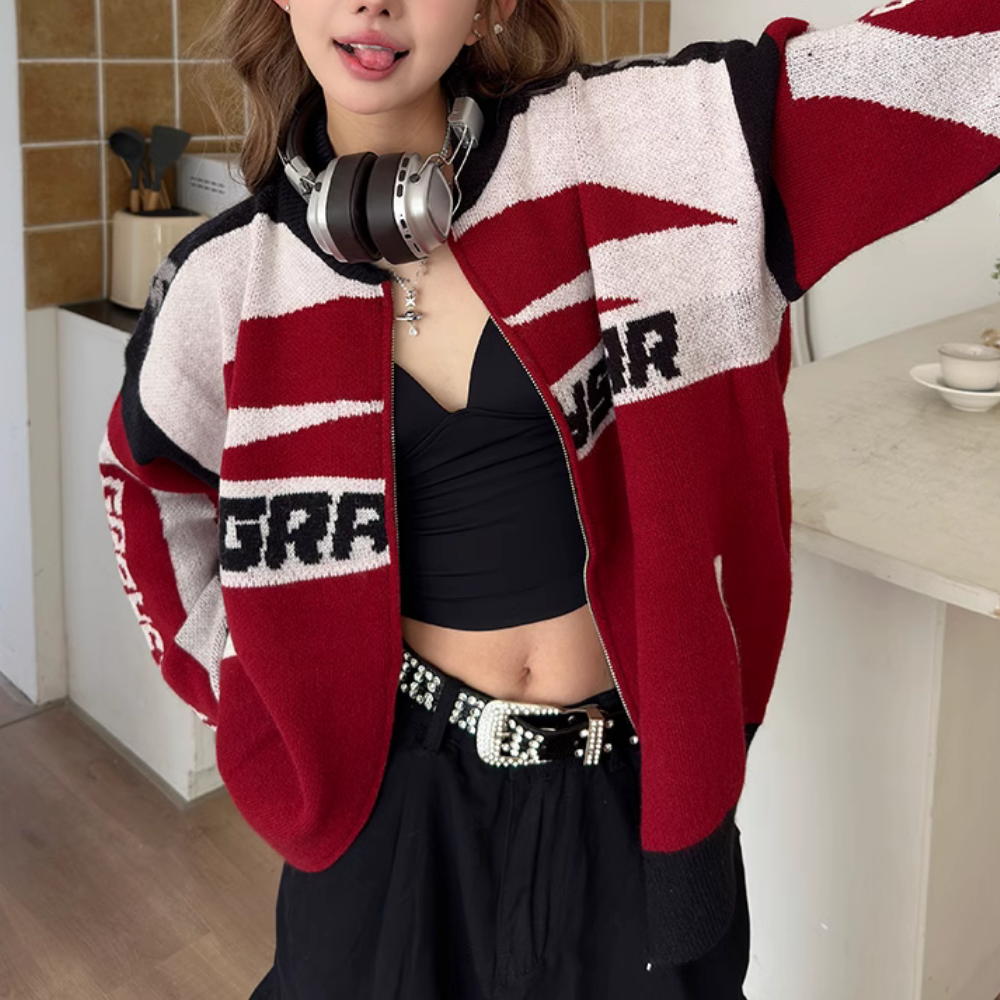 Motorcycle Patchwork Cardigan Sweater