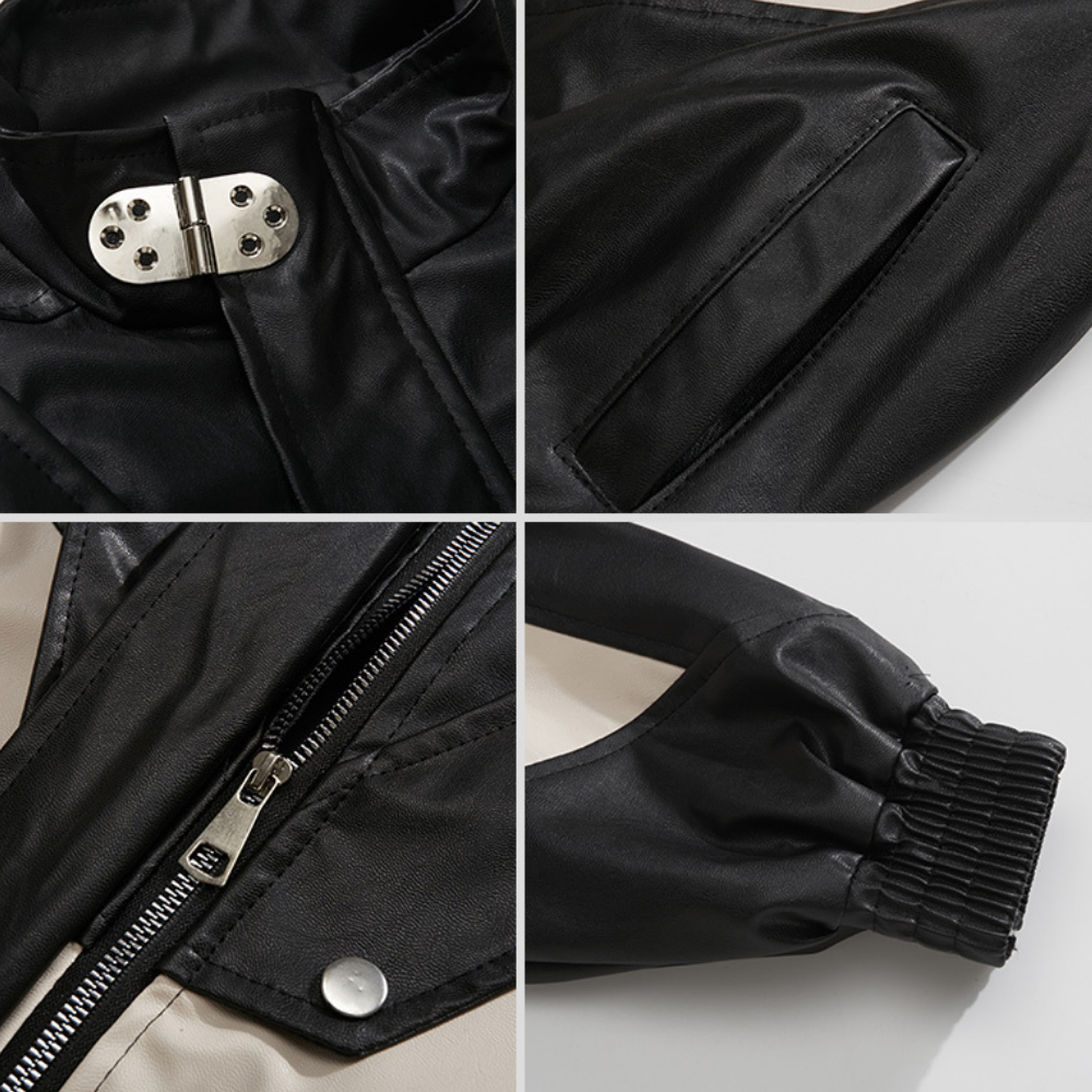 Lightning Button Contrast Leather Jacket