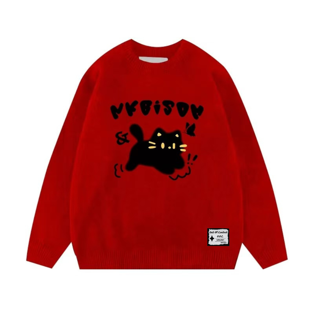 OOC' Cartoon Running Cat Knitted Sweater