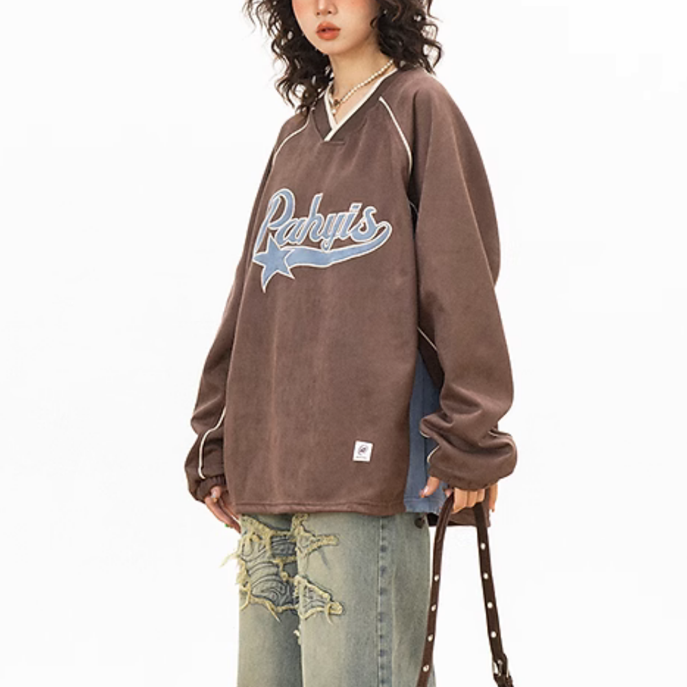 Japanese Suede Color Block Patch Sweatshirt