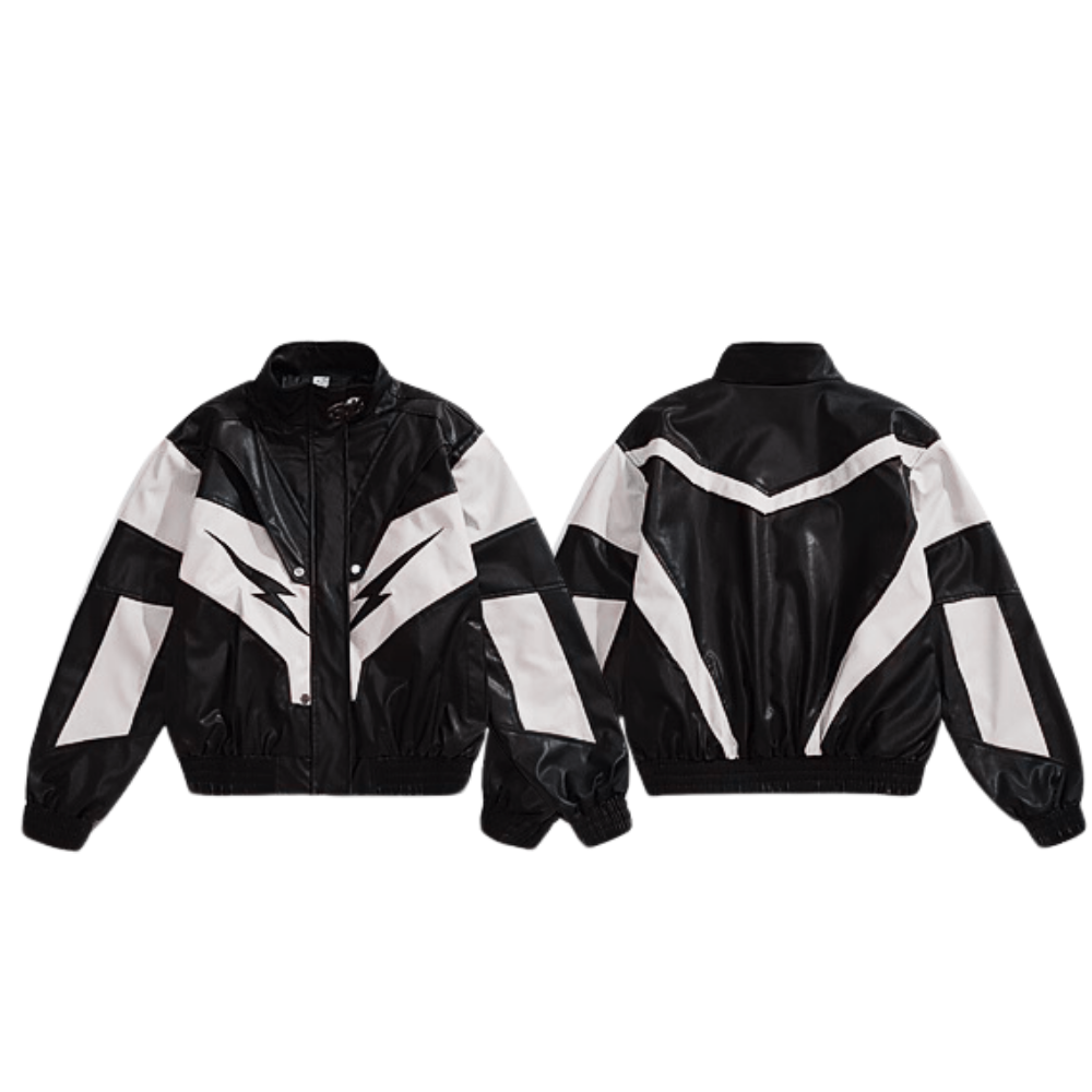 Lightning Button Contrast Leather Jacket