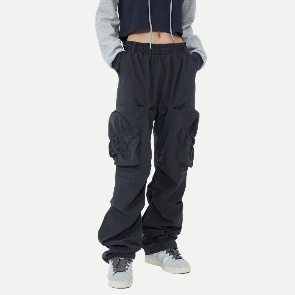 Street Solid Color Pleated Cargo Pants