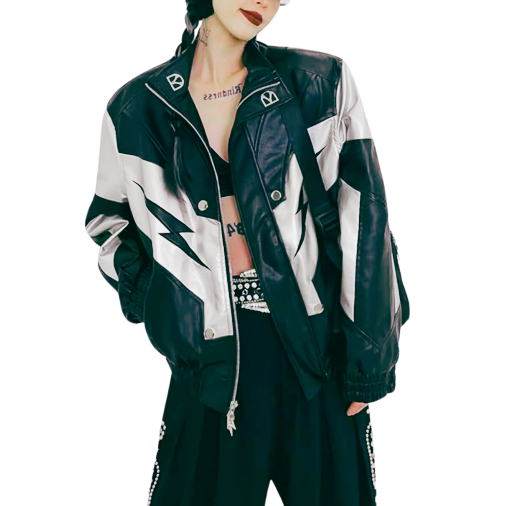 Lightning Button Contrast Leather Jacket