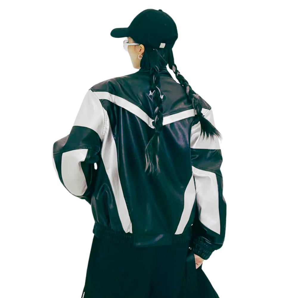 Lightning Button Contrast Leather Jacket