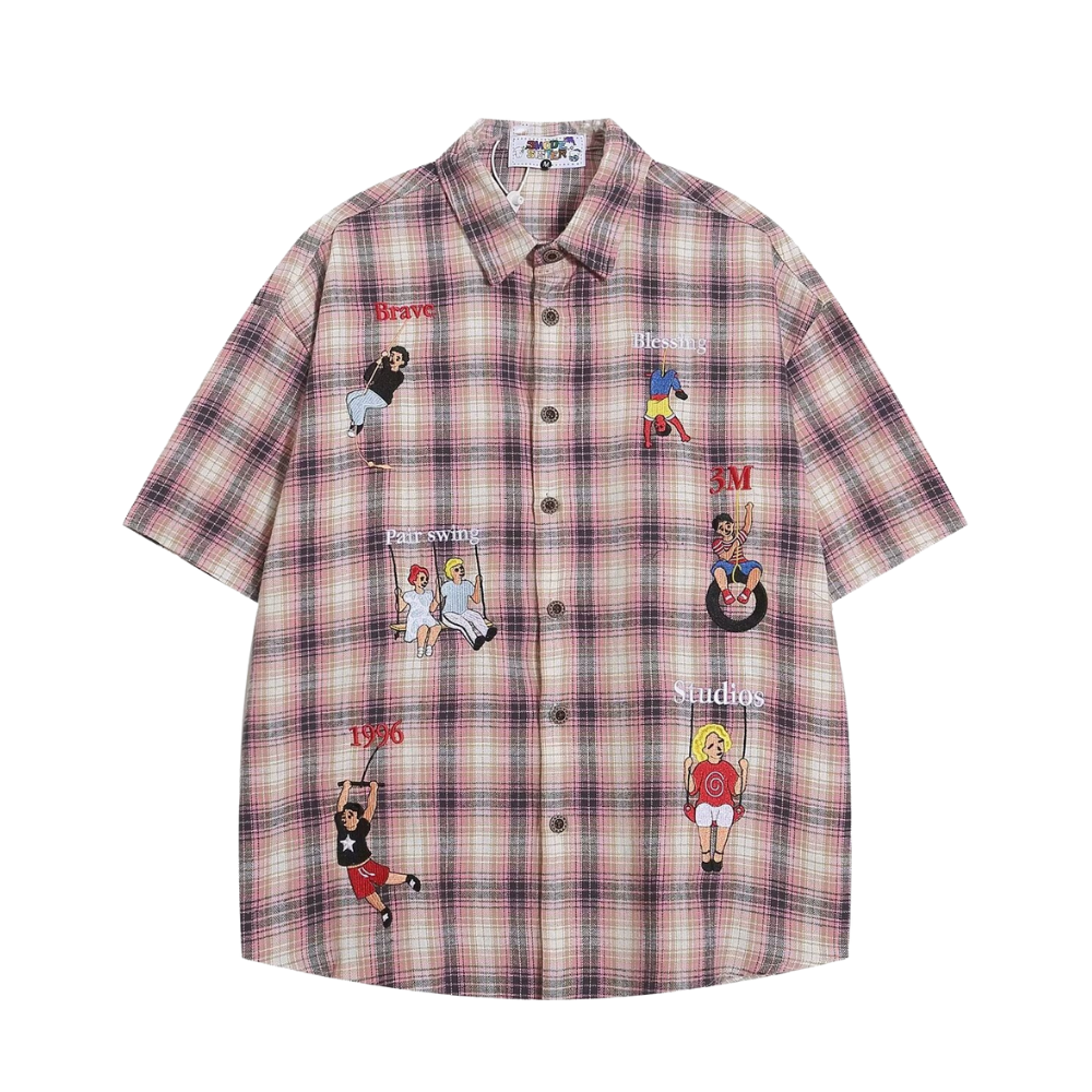 Cartoon Embroidered Plaid Shirt