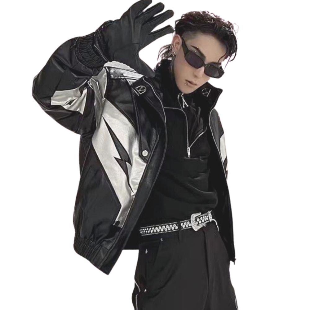 Lightning Button Contrast Leather Jacket