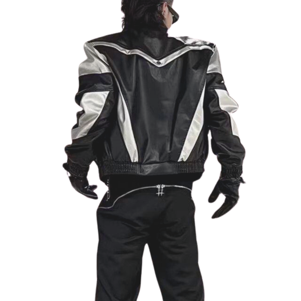 Lightning Button Contrast Leather Jacket
