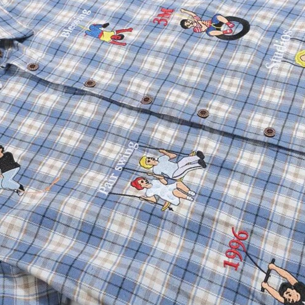 Cartoon Embroidered Plaid Shirt