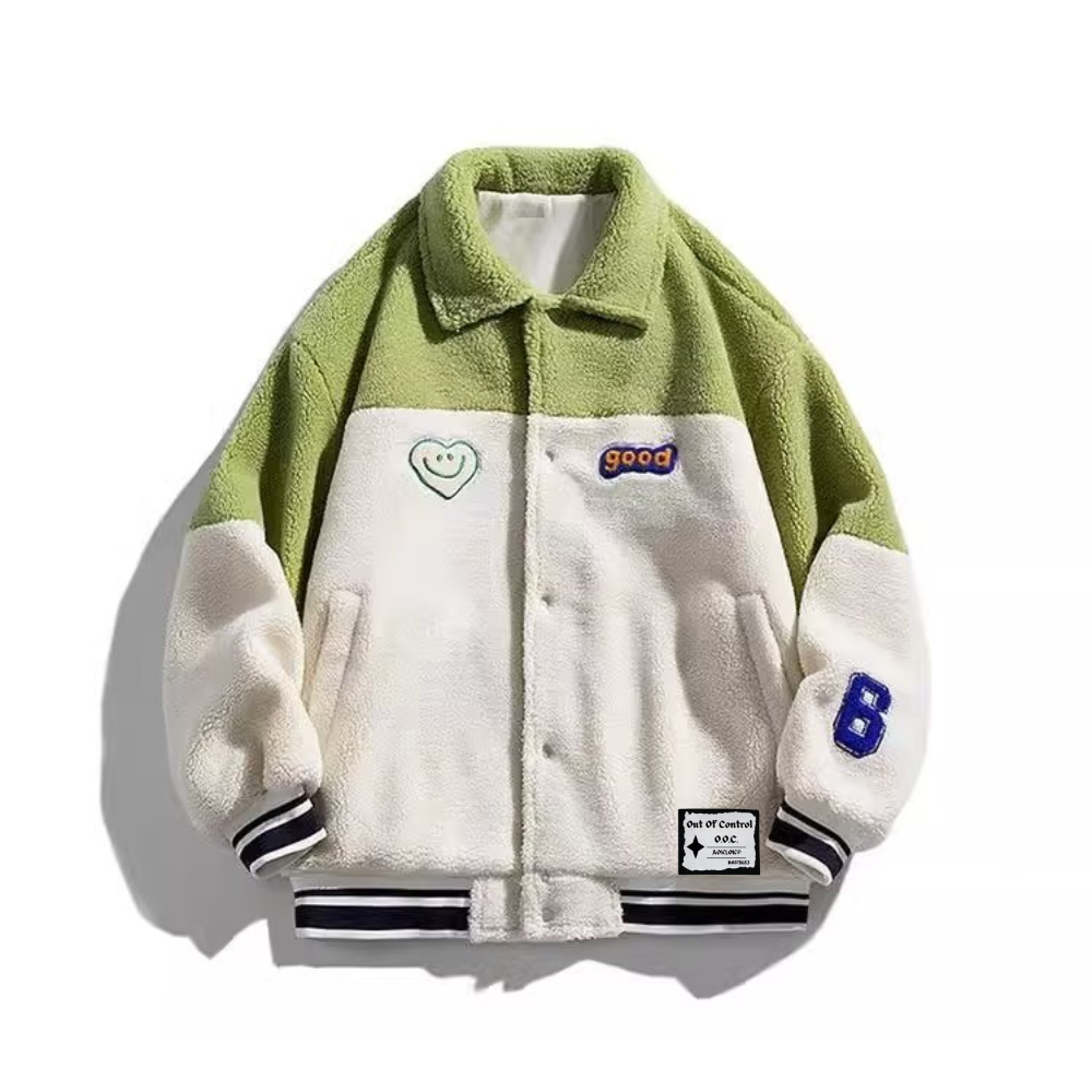 OOC' Heart Embroidery Colorblock Lapel Sherpa Coat