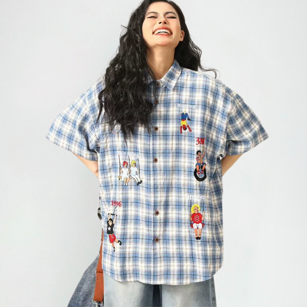 Cartoon Embroidered Plaid Shirt
