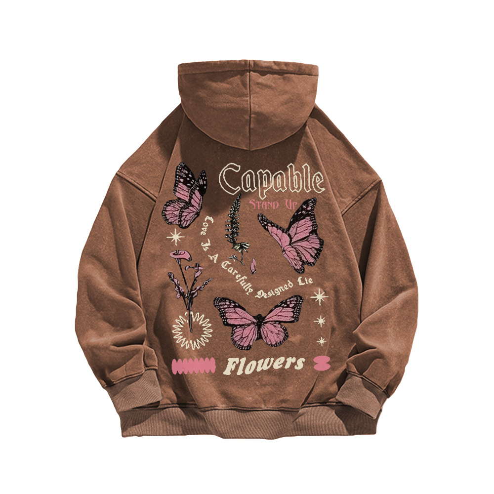 Retro Butterfly Letters Washed Hoodie