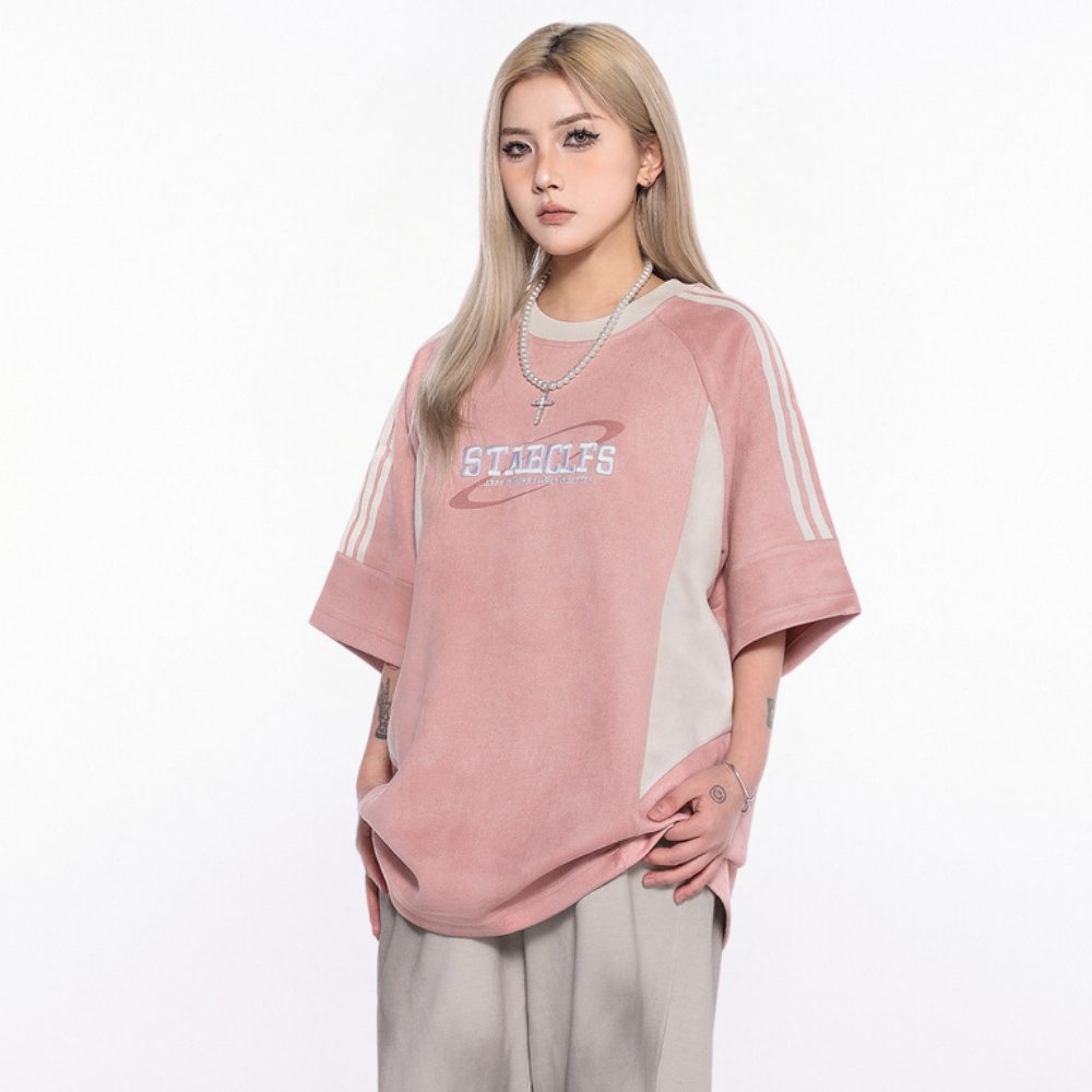 Suede Raglan Lettering Embroidered T-Shirt