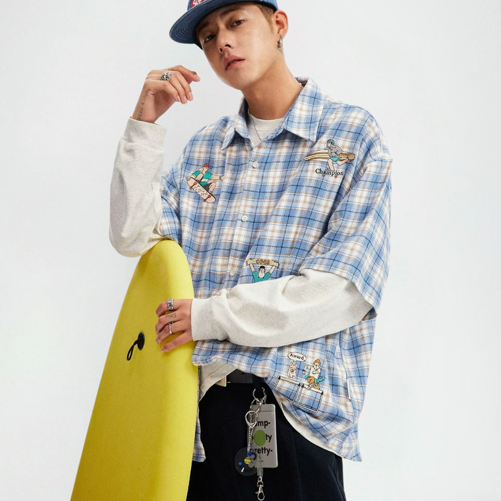 Cartoon Embroidered Plaid Shirt