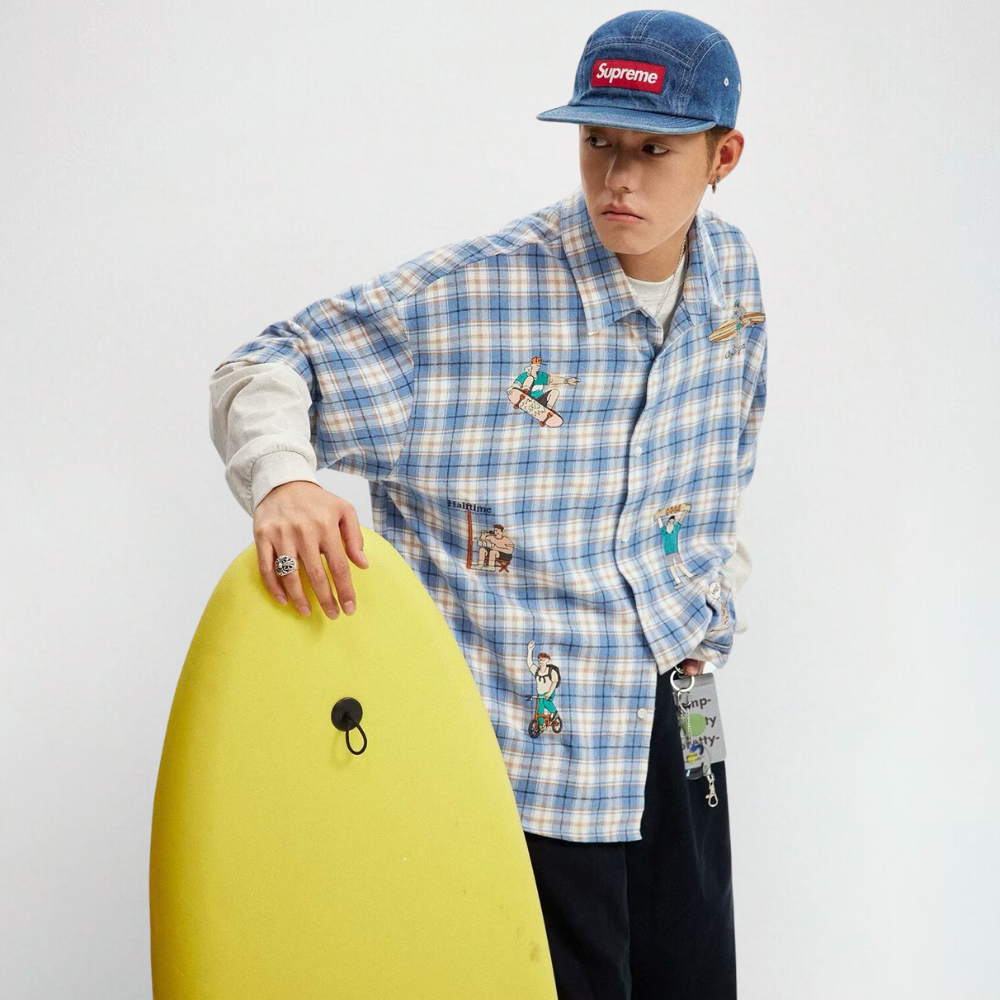 Cartoon Embroidered Plaid Shirt