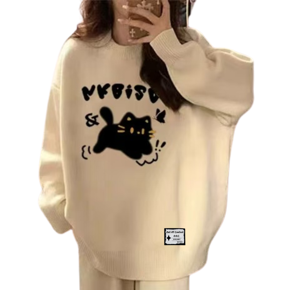 OOC' Cartoon Running Cat Knitted Sweater