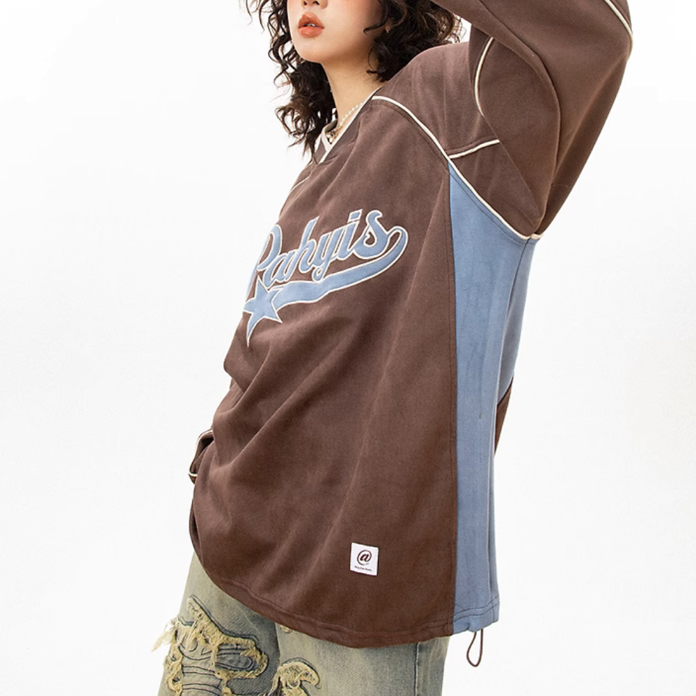 Japanese Suede Color Block Patch Sweatshirt