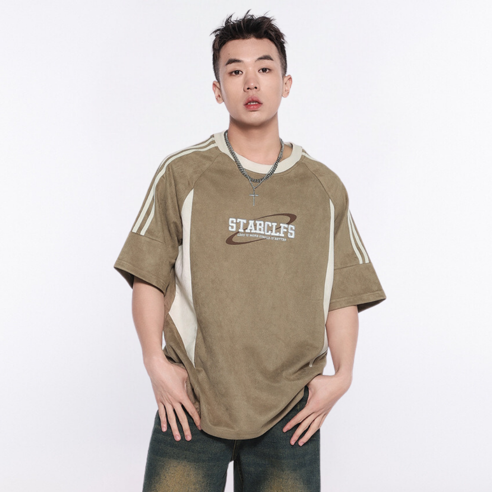 Suede Raglan Lettering Embroidered T-Shirt