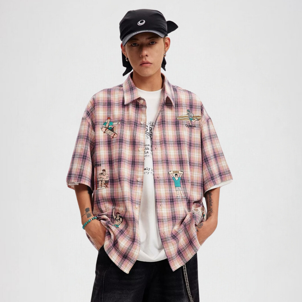 Cartoon Embroidered Plaid Shirt