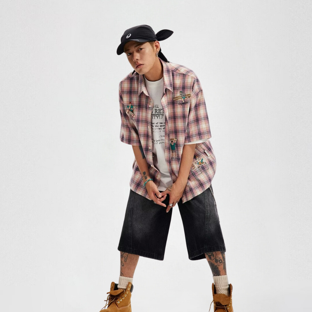 Cartoon Embroidered Plaid Shirt