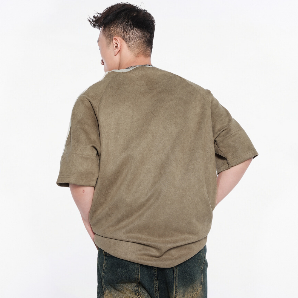 Suede Raglan Lettering Embroidered T-Shirt