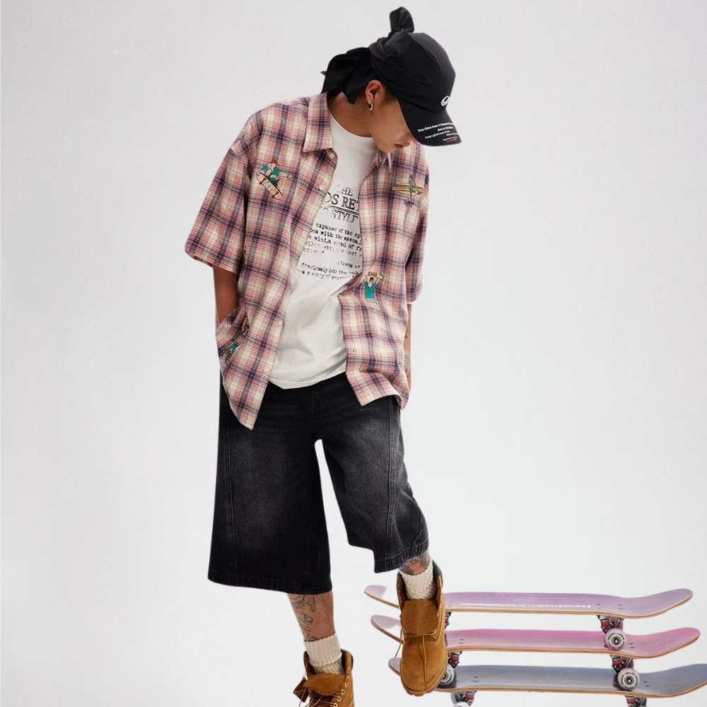 Cartoon Embroidered Plaid Shirt