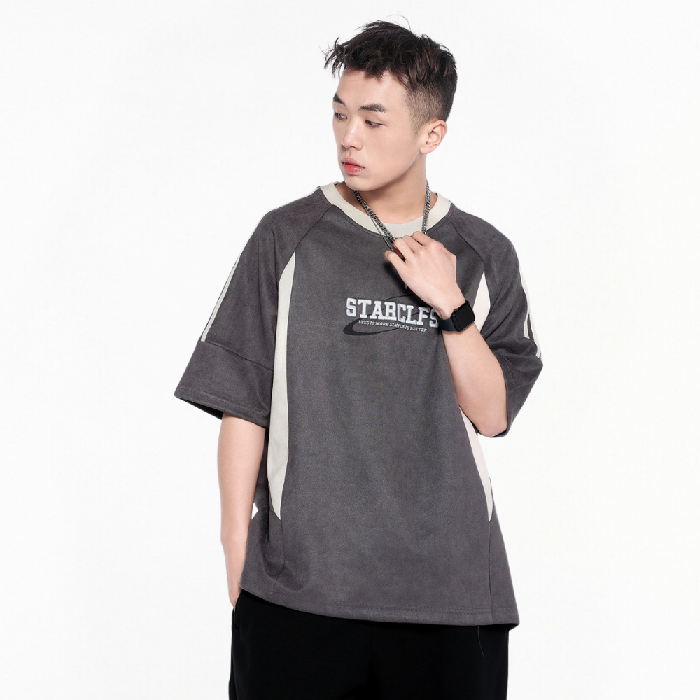 Suede Raglan Lettering Embroidered T-Shirt
