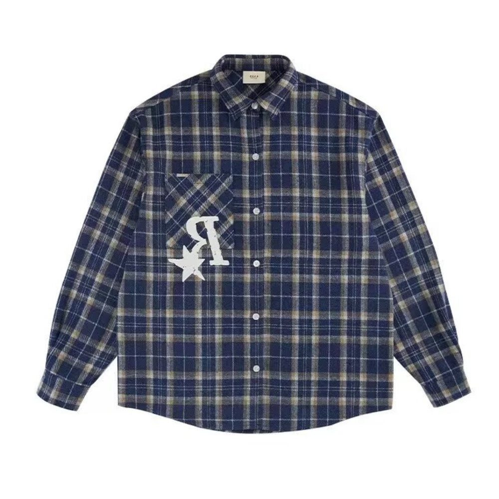 R Star Letter Print Plaid Shirt