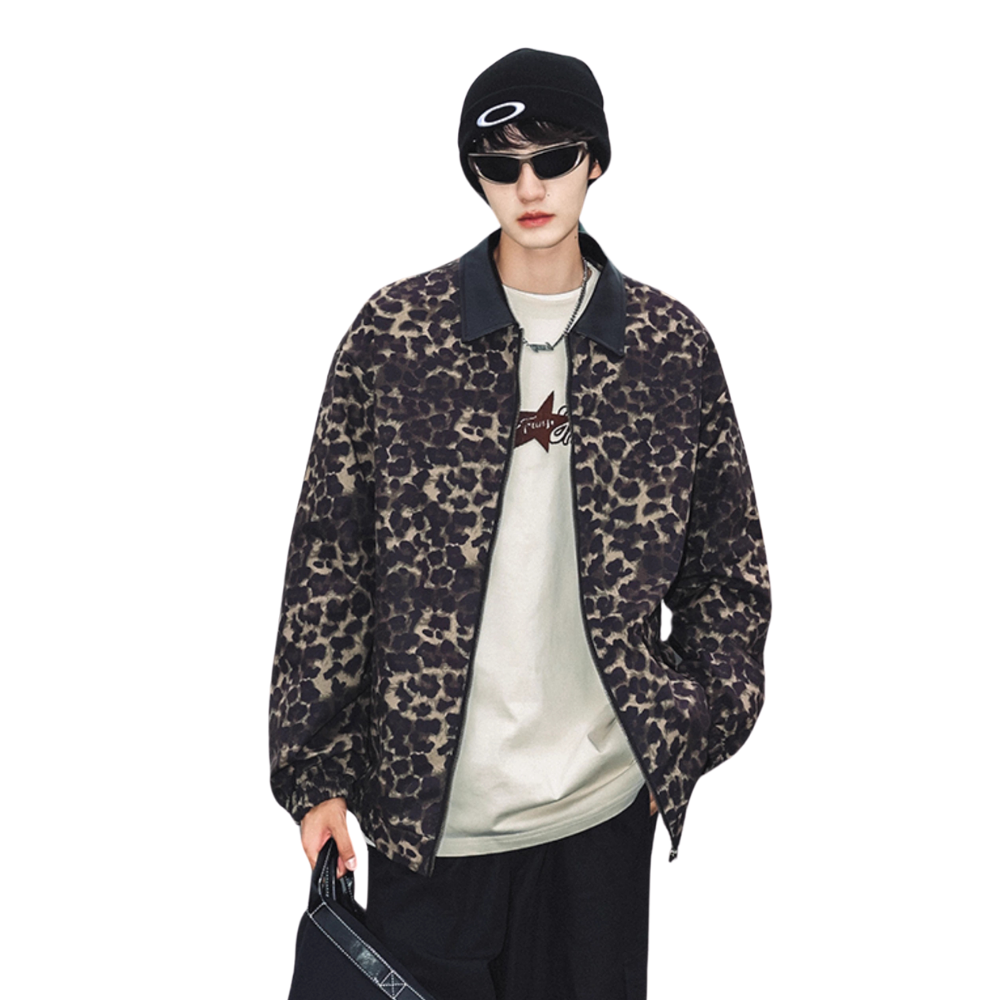 Stylish Leopard Print Leather Lapel Jacket