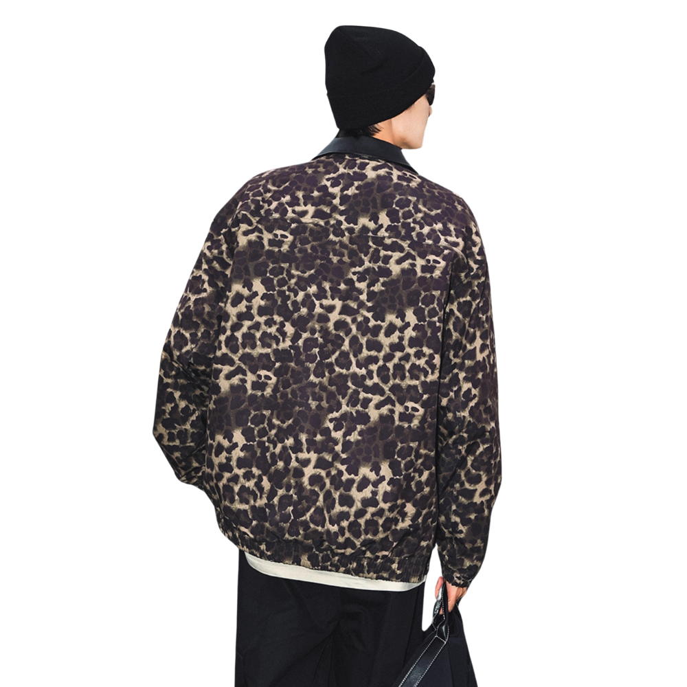 Stylish Leopard Print Leather Lapel Jacket