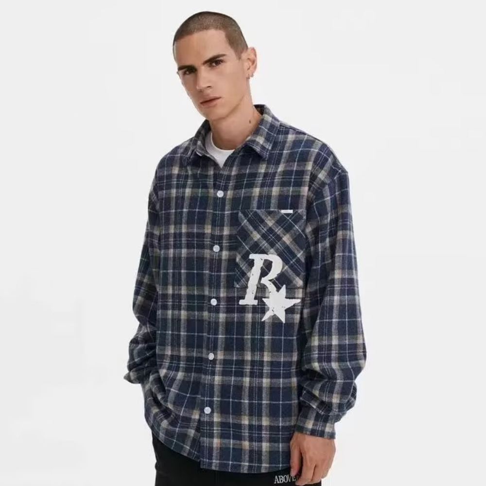R Star Letter Print Plaid Shirt