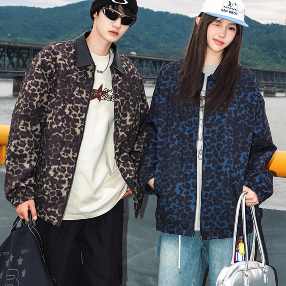 Stylish Leopard Print Leather Lapel Jacket