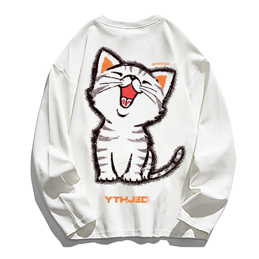 Cute Playful Cat Print Long Sleeve Shirt