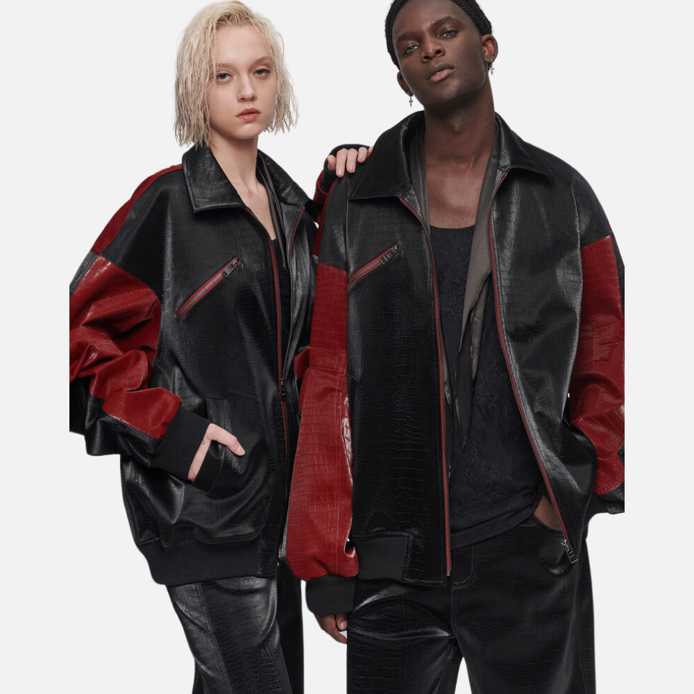 Regular Fit Crocodile Leather BaseballLeather Jacket