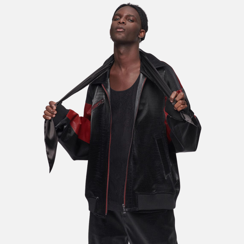 Regular Fit Crocodile Leather BaseballLeather Jacket