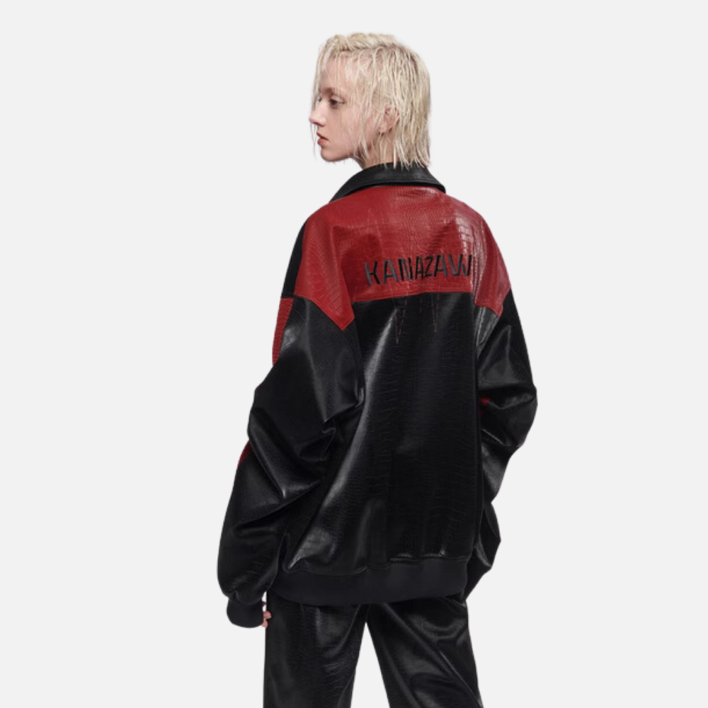 Regular Fit Crocodile Leather BaseballLeather Jacket