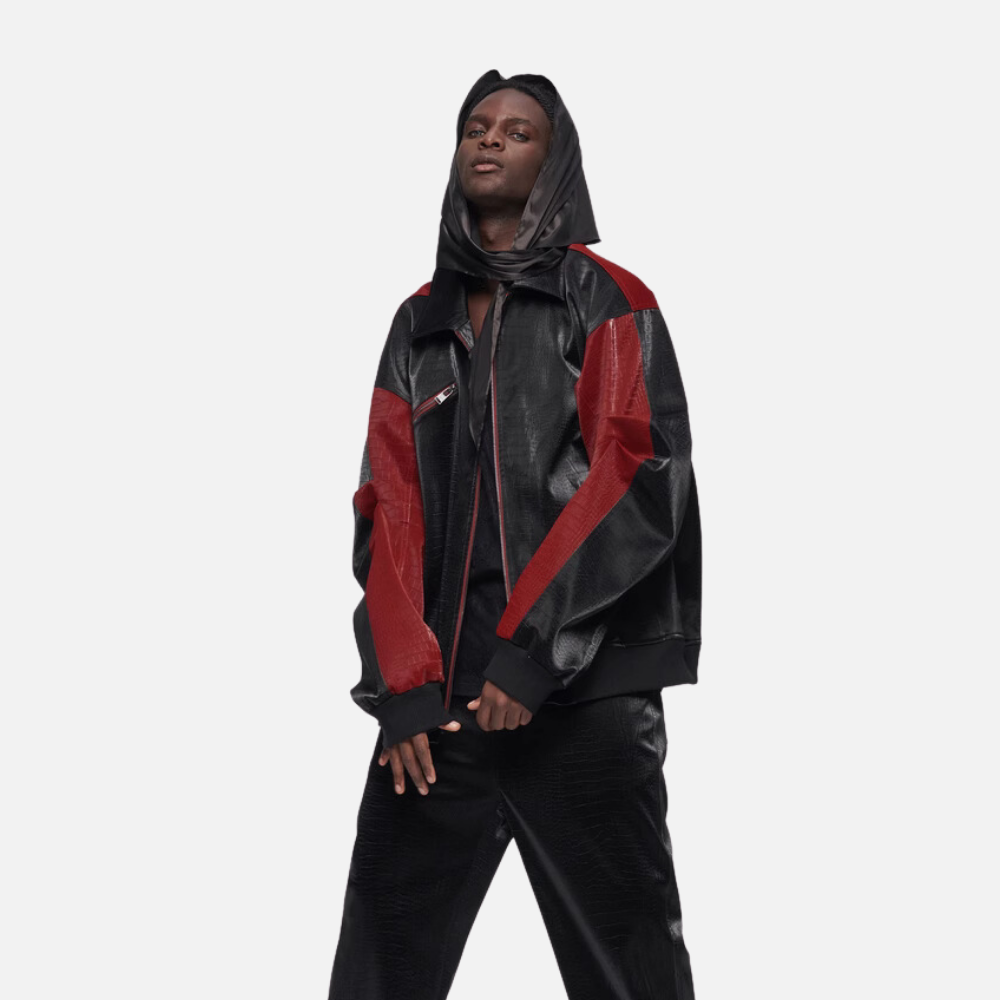 Regular Fit Crocodile Leather BaseballLeather Jacket