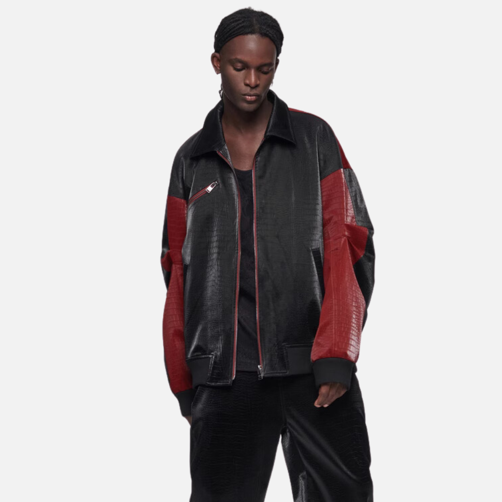 Regular Fit Crocodile Leather BaseballLeather Jacket